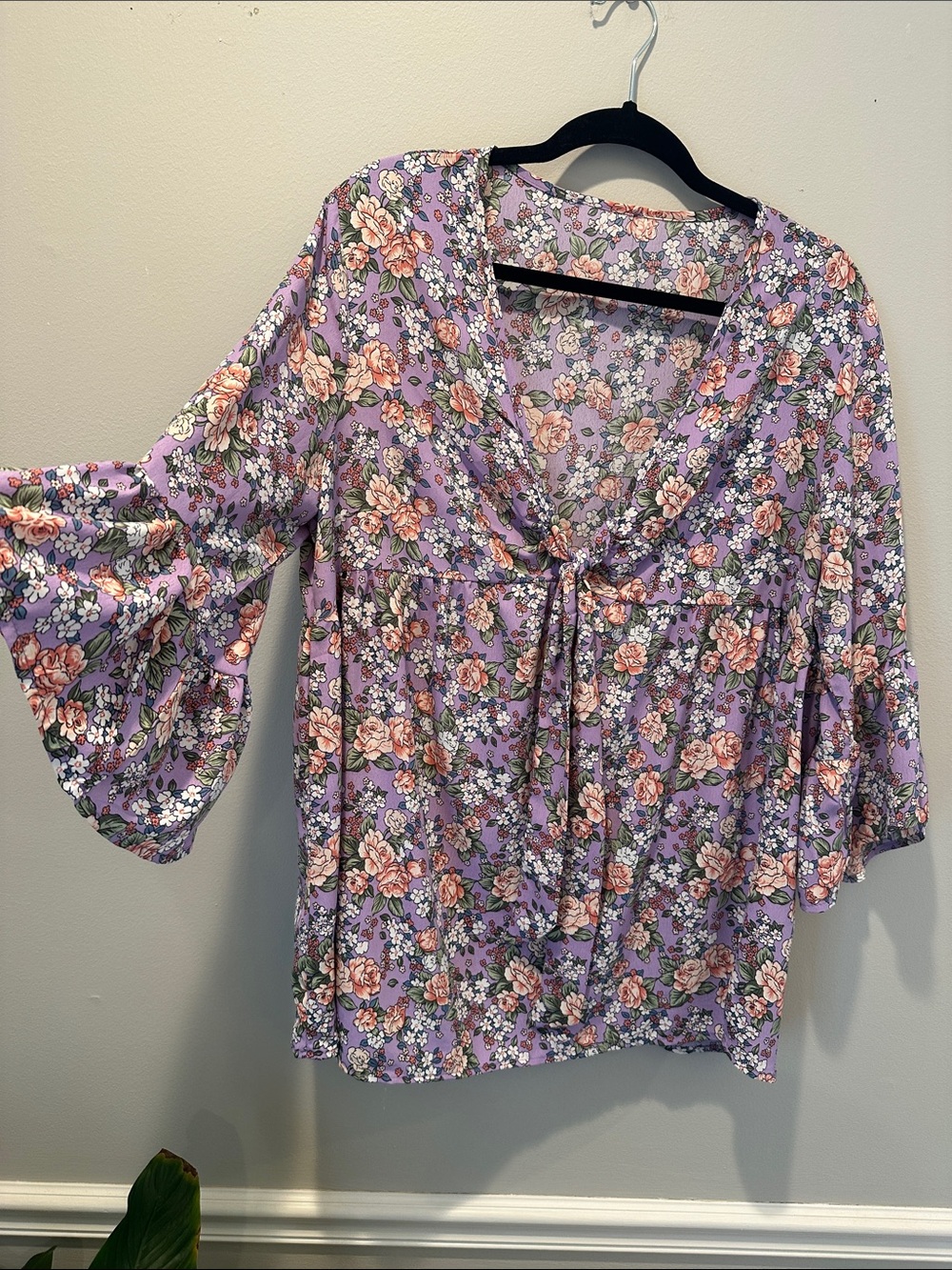 Women's Lavender Floral Tie-Front Blouse